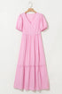 Pink Stripe V Neck Puff Short Sleeve Maxi Dress